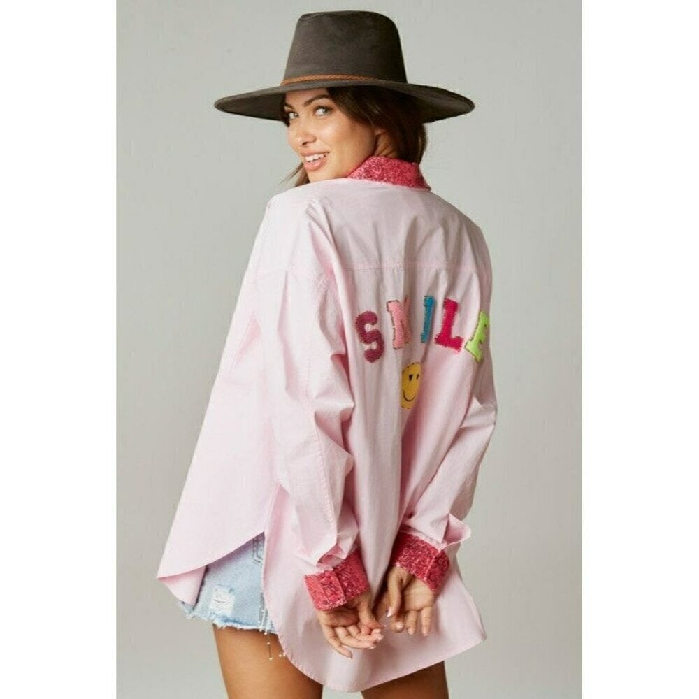 Made My Day Smile Sequin Outline Patch Shirt in Pink - Picture 3 of 10
